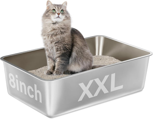 Stainless Steel Litter Box,Xxl Metal Cat Litter Box for Big Cats 8IN Deep, Cat Litterbox High Sided Pet Toilet Easy to Clean,Cats Litter Pan for Adult Cats,Non Stick, No Smell
