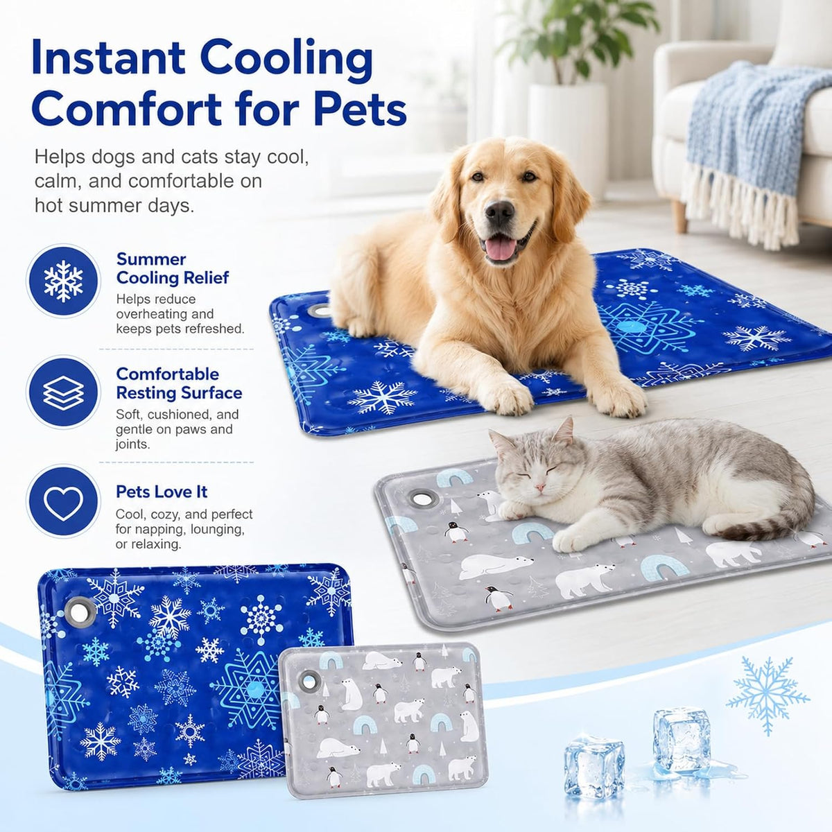 Pet Cooling Mat for Dogs & Cats (36"X24"), Non-Toxic Water-Activated Gel Ice Pad, Scratch Resistant & Leakproof Summer Dog Bed, Washable Seat Cushion for Pet, Sofa, Car (Snowflake Patterns)