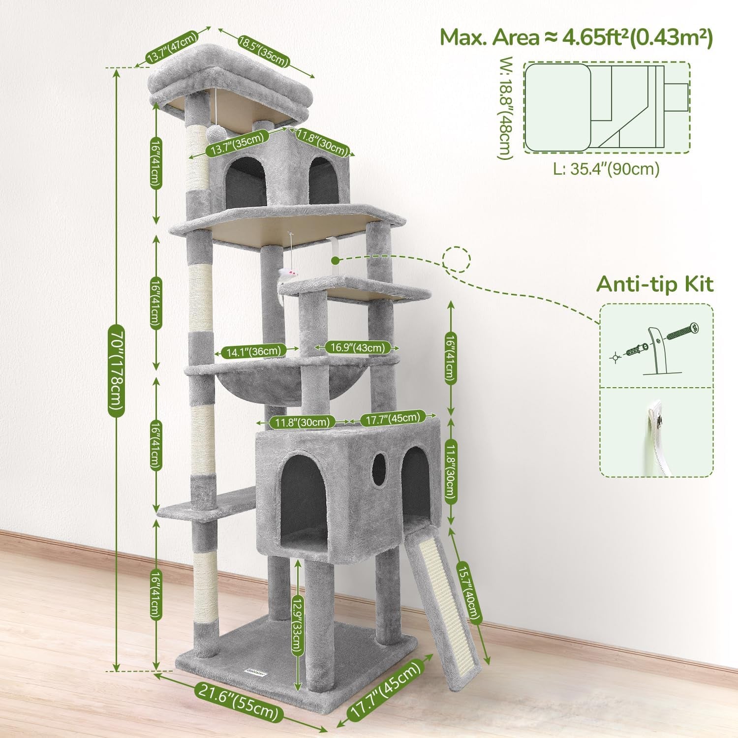 Globlazer Heavy Duty Cat Tree, 70 Inch Sturdy Cat Tree for Indoor Cats Extra Large Cat Tower with Scratching Post, Hammock, Cat Condo for Adult Cats Kittens, F70 Pro, Light Grey