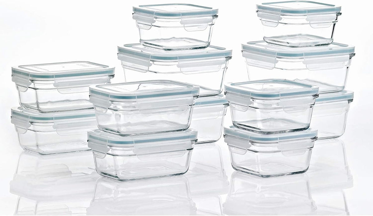 Glasslock Ring Taper 24 Piece Set Stackable Oven Microwave Safe Glass Food Storage Containers with Airtight Latching Lids,Clear