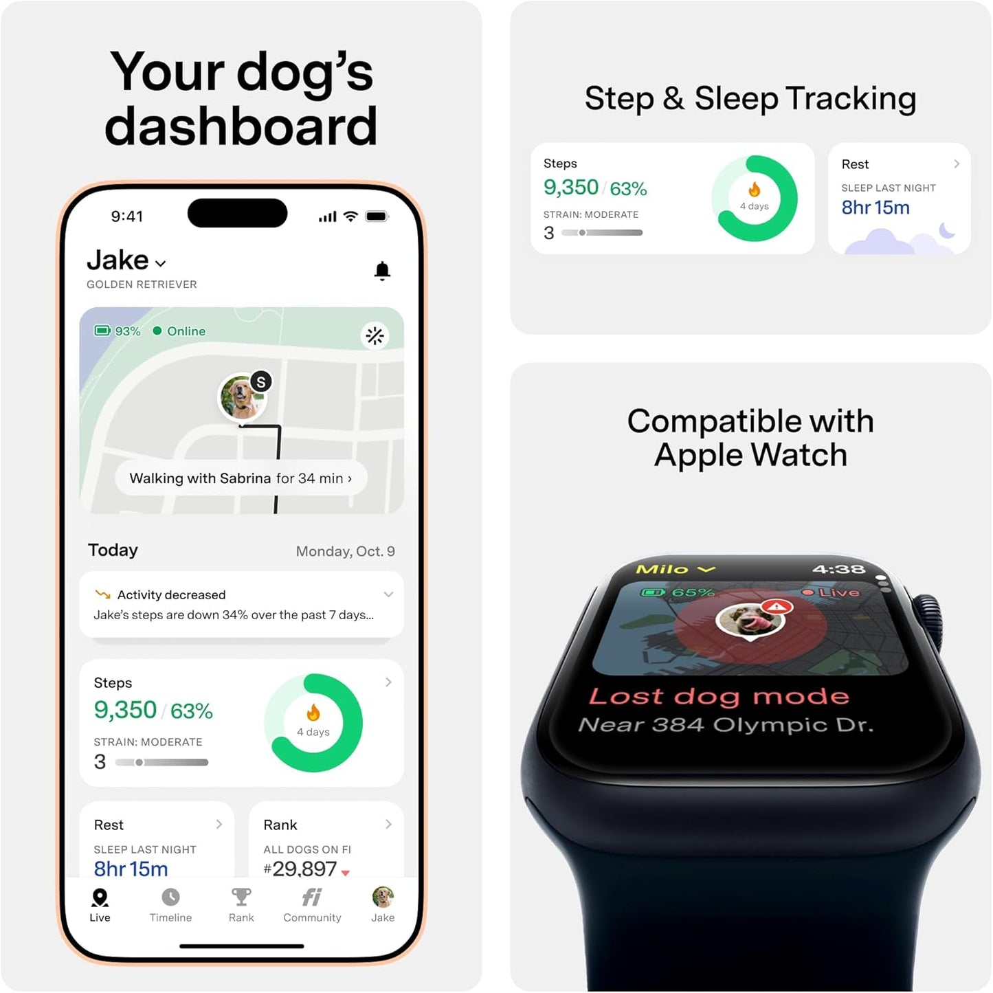 Fi New Series 3+ Smart Dog Tracker Collar [6 Month Membership Included] GPS Tracker for Dogs with Health & Behavior Monitoring, Escape Alerts, Waterproof, LED, Apple Watch Compatible (Gray, Small)