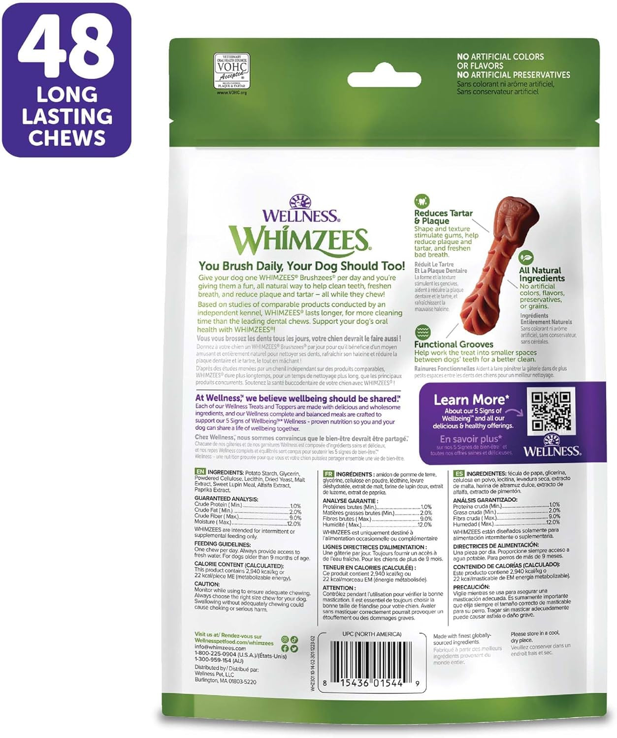 Whimzees Wellness Brushzees Natural Dog Dental Treat, VOHC Accepted Chews, Freshens Breath, Extra-Small Size, 12.7 Oz Bag, 48 Count