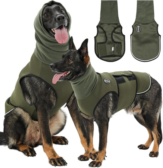 Dog Anxiety Vest with Hood, Skin-Friendly Thunder Jacket for Dogs, All-In-One Dog Calming Shirt with Hood for Thunder, Fireworks, Separation - Keep Pet Calm without Medicine, Army Green, L