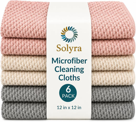 Solyra Non-Toxic Microfiber Kitchen Cleaning Cloths, 6 Pack, 12 X 12 In
