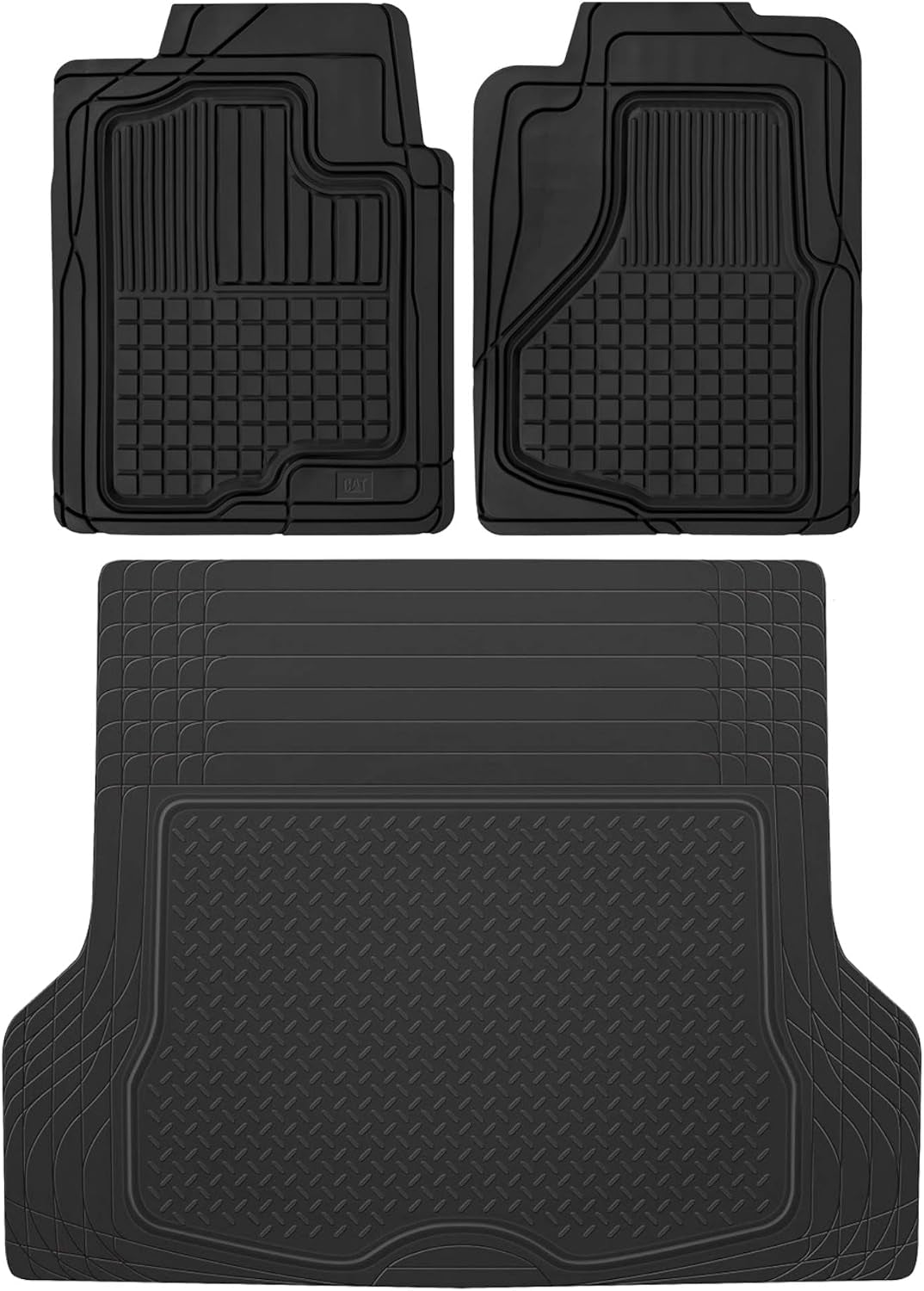 BDK CAT® Large 2-Piece Heavy Duty All Weather Rubber Car Floor Mats, Universal Fit Trim-To-Fit Front Set with Trunk Cargo Mat Liner for Car Truck SUV Van, Easy-To-Clean Tailgate Mat Protection - Black