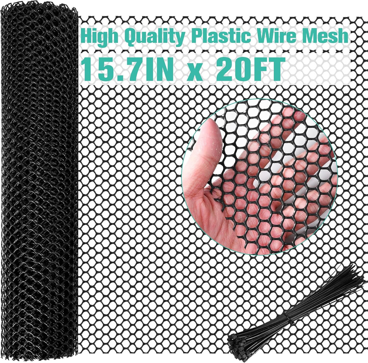 Plastic Mesh Fence Sheet 15.7IN X 20FT - 0.3IN Opening Plastic Chicken Wire Netting Roll Durable for Dogs, Poultry, Puppy, Garden Snake Barrier with 50 Pcs Zip Ties - Black