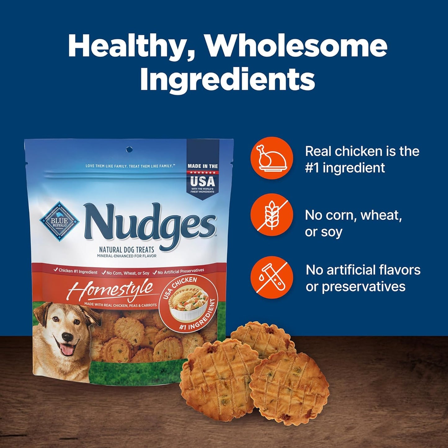 Blue Buffalo Nudges Chicken Homestyle Natural Dog Treats, Pot-Pie-Inspired Recipe, Healthy Reward or Training Treat, Made in the USA with Real Chicken, No Artificial Preservatives, 16 Oz.
