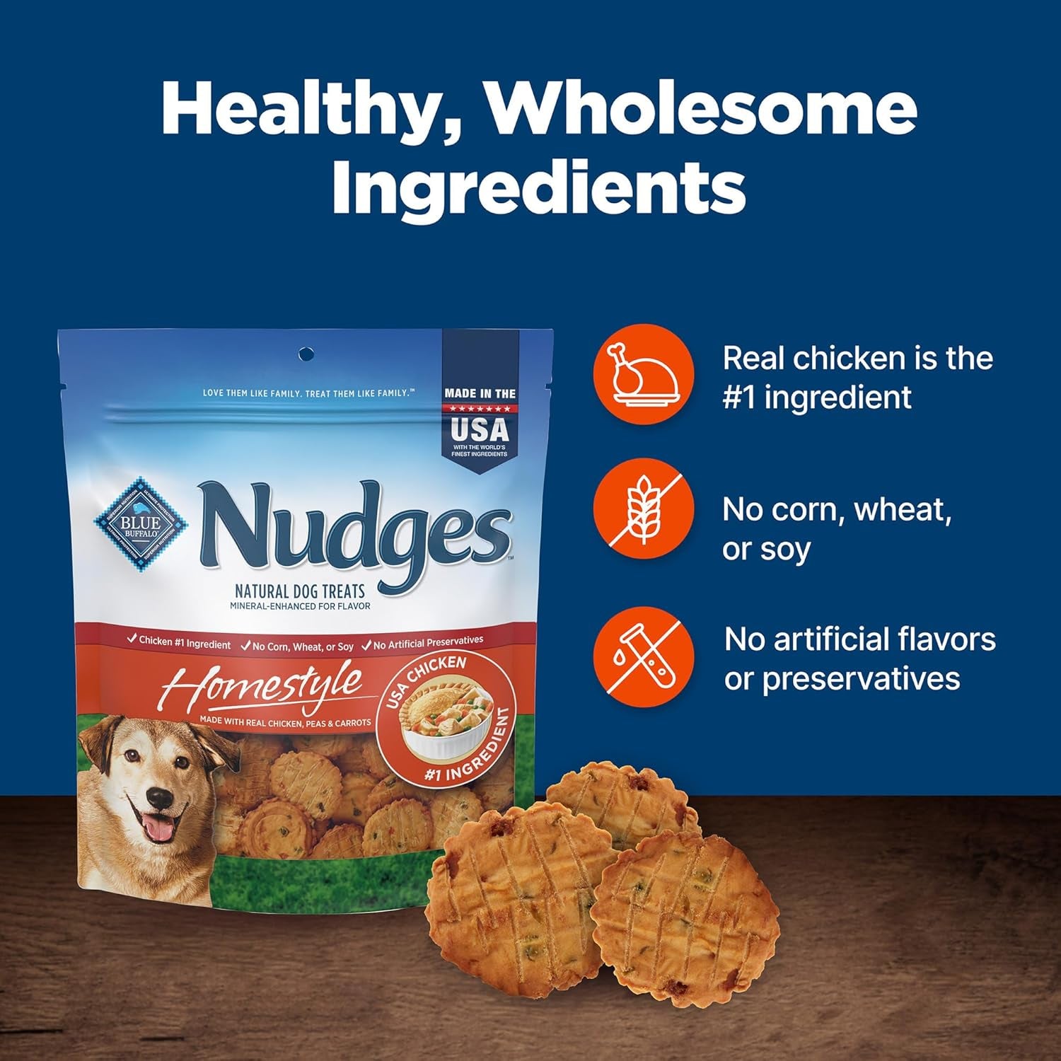 Blue Buffalo Nudges Chicken Homestyle Natural Dog Treats, Pot-Pie-Inspired Recipe, Healthy Reward or Training Treat, Made in the USA with Real Chicken, No Artificial Preservatives, 16 Oz.