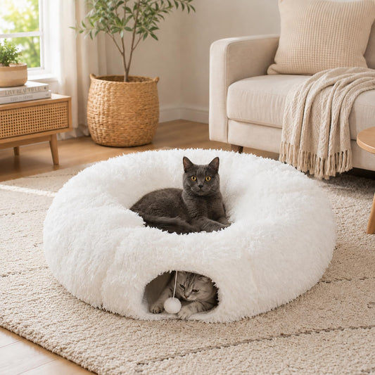 Feather Fluffy Plush Cat Tunnel Bed, Snow White, 3 FT Diameter