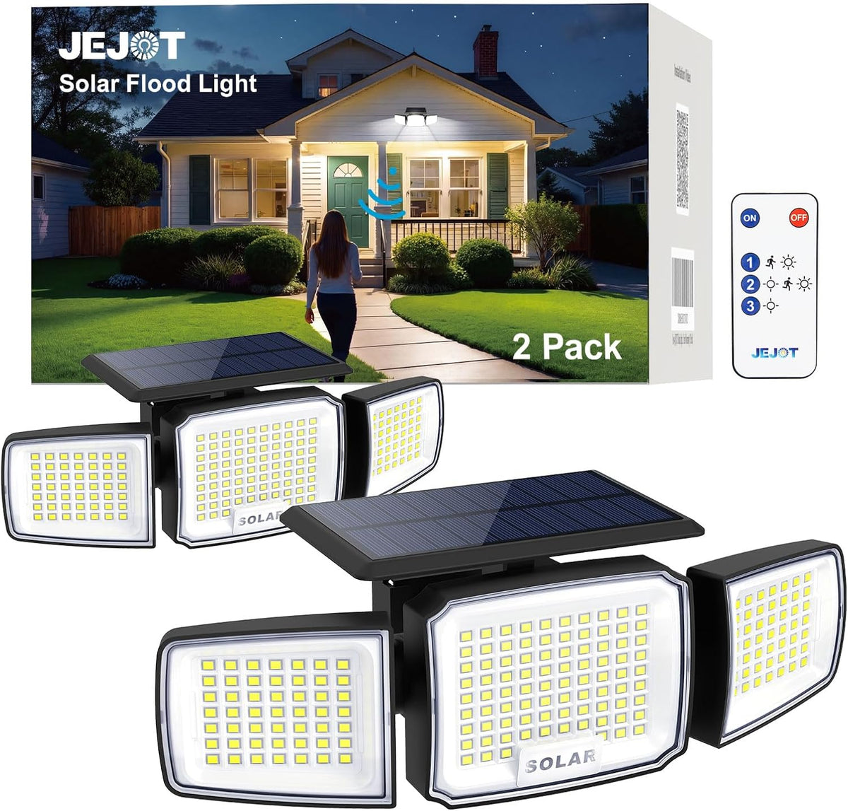 JEJOT Solar Security Light Outdoor, 3000LM Motion Sensor Flood Light, 2PCS
