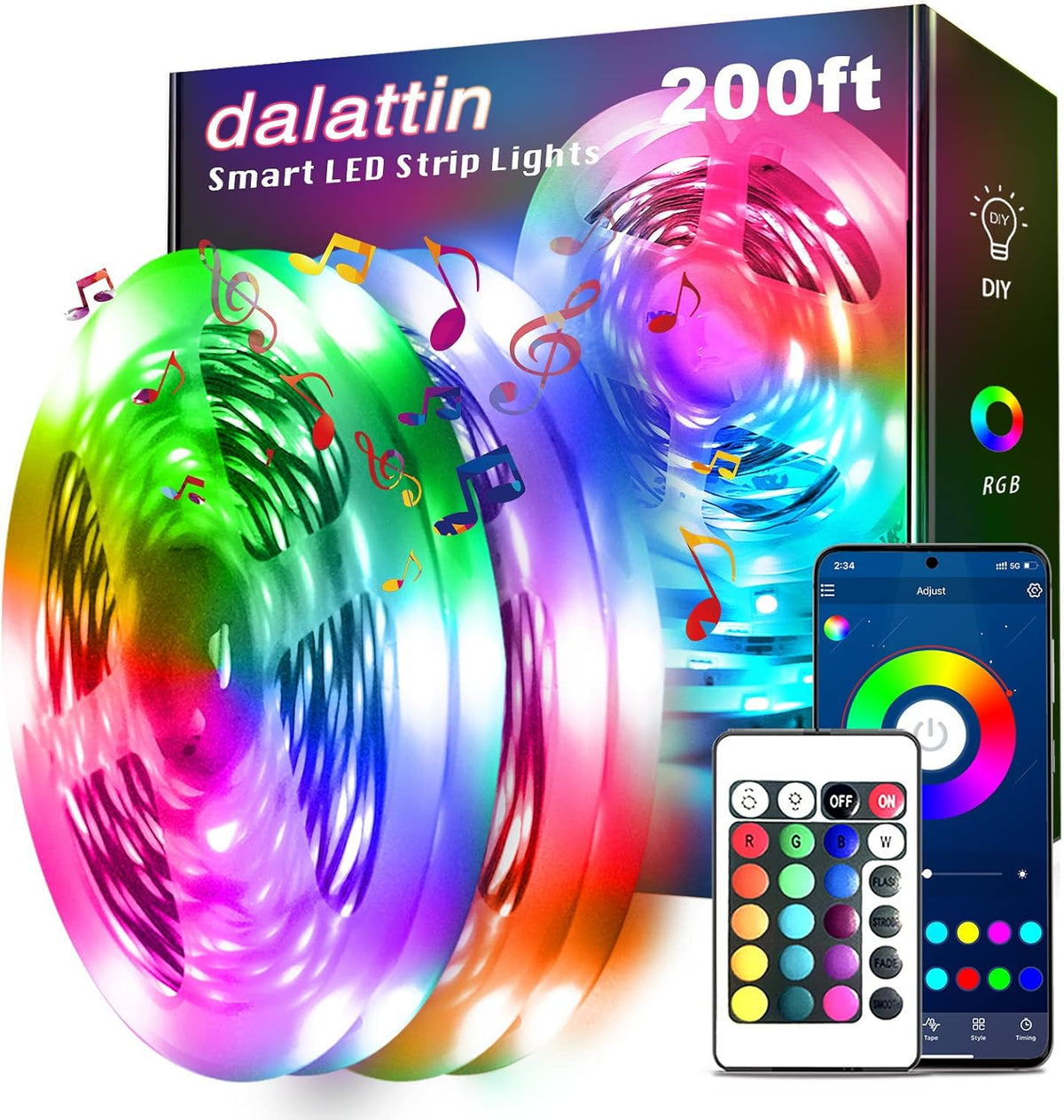 Dalattin Led Strip Lights 200Ft (2 Rolls of 100Ft), Led Lights for Bedroom with App & Remote Control, 24V Led Lights Strip for Room & Festival Decoration