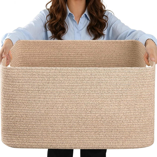 Large 75L Woven Laundry Basket, Collapsible Cotton Rope Storage Hamper for Blankets, Toys, Dirty Clothes, Rectangle Nursery Basket for Living Room, Bedroom, Baby Room - Brown