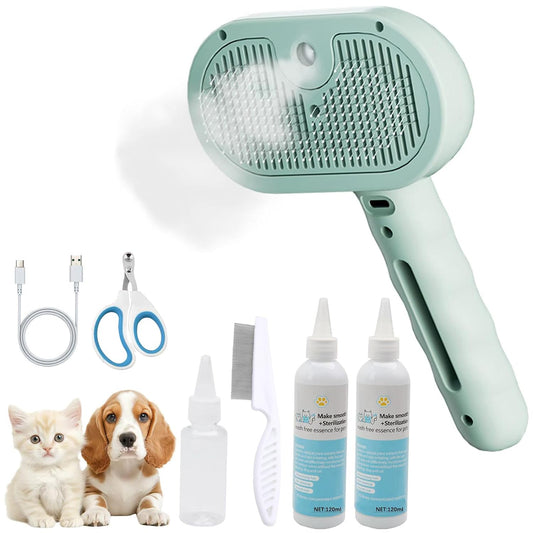 Pet Grooming Kit for Dogs & Cats – Self Cleaning Steam Brush with Cool Mist Spray, Nail Clippers, Flea Comb & 2 Waterless Shampoo Bottles – Quiet Deshedding Slicker Brush for Long & Short Haired Pets