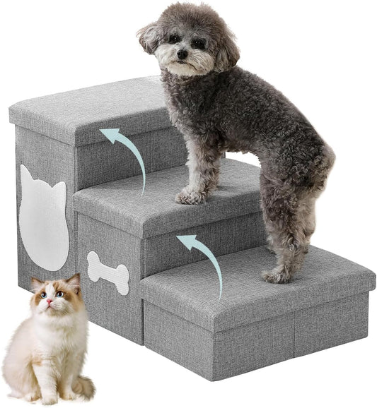 Dog Steps for High Bed, Foldable Dog Stairs with Storage, Grey