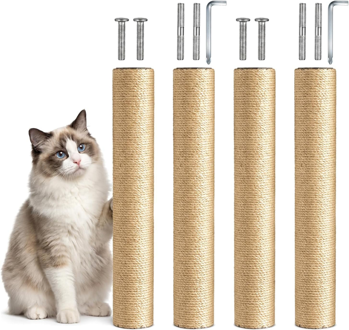 LEMONDA 4 Pack Replacement Cat Scratching Post, 15.7" X 2.8" Thick Natural Sisal Cat Tree Refill Poles with Screws, Durable Cat Scratcher Replacement Parts for Indoor Cats (4 Posts)