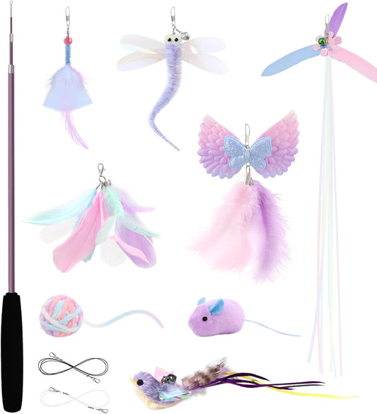 SONGWAY Interactive Cat Wand Toy Set - Retractable Cat Teaser Wand with 8 Cat Toy Attachments, Dragonfly Butterfly Bird Mouse Yarn Ball Tassel Feather Cat Toy Refills for Indoor Cats Kittens, Purple