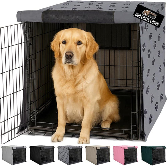 GORILLA GRIP Dog Crate Covers, Wire Kennel Topper, 42 In, Gray Black Paw