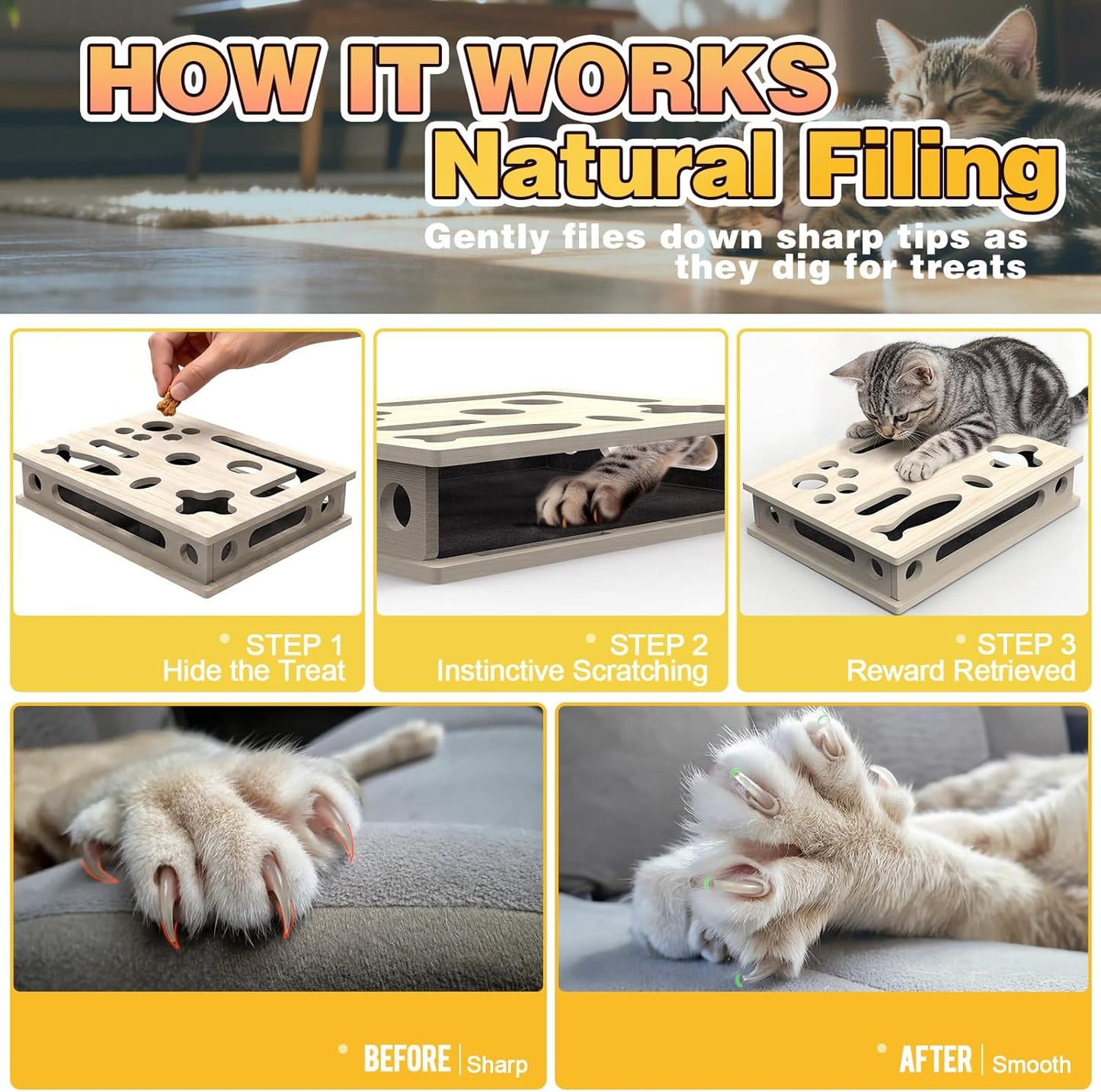 Cat Scratch Puzzle Enrichment Box, Interactive Cat Nail File Box with Sandpaper Liner for Cat Claw Care, Cat Scratch Puzzle Box - Stress Free Alternative to Clippers & Grinders for Indoor Cats