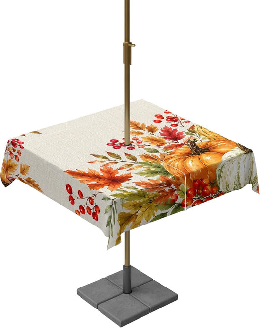 Outdoor Tablecloth with Umbrella Hole for Patio/Picnic/Party/Camping, Thanksgiving Fall Waterproof Table Cloth Square Cover Washable, Country Orange Pumpkin Maple Leaves (54"X 54")