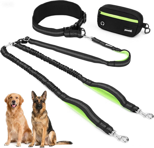 Pecute Hands Free Dog Leash for 2 Large Dogs, Waist Belt with Pouch