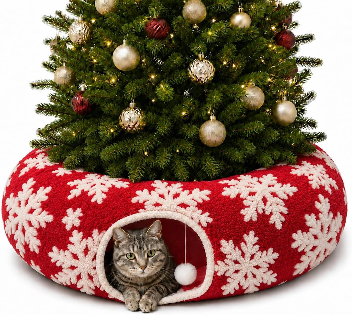 Christmas Snowflake Cat Tunnel Bed under Tree, Velvet Jacquard, 10" X3 Ft