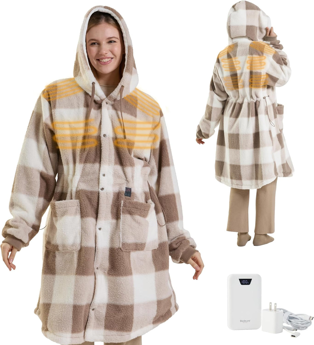 Bedsure Faux Cashmere Cordless Wearable Heated Blanket Hoodie, Brown Plaid