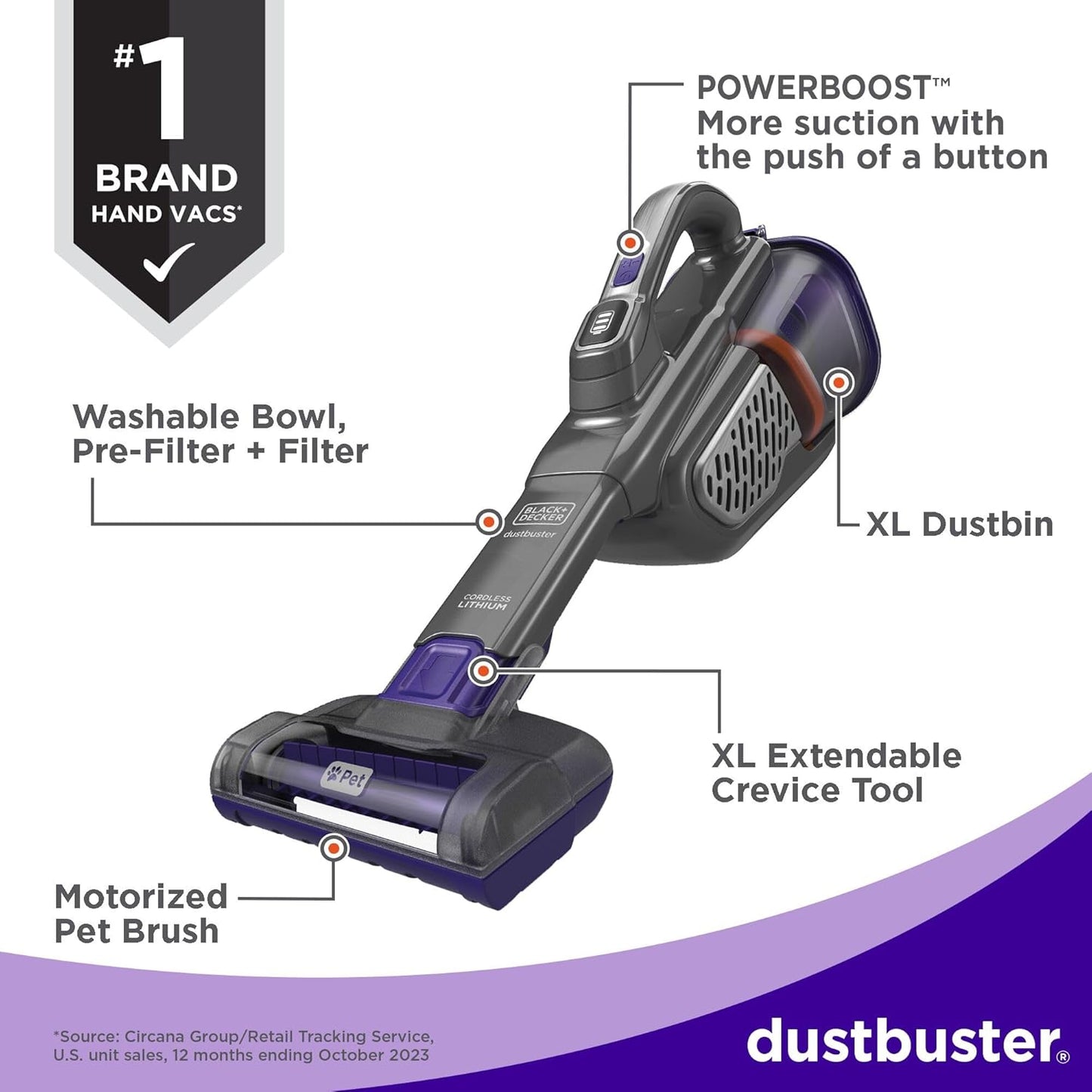 BLACK+DECKER Dustbuster Furbuster Pet Hair Vacuum with Motorized Pet Hair Brush, Handheld Vacuum Cordless for Home and Car, Rechargeable, Portable, Powerful Suction, Advancedclean (HHVK515JP07)