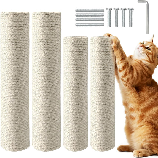4 Pack Cat Scratching Post Replacement, Sisal Poles with M8 Screws, Refill Parts for Indoor Cat Towers and Furniture Repair, 11.8 X 2.7 Inch -White