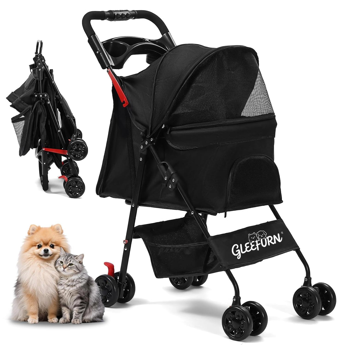 Dog Stroller, Pet Stroller with 4 Wheels, Foldable Dog Strollers for Small Medium Dogs & Cats, Cat Stroller with Storage Basket, Breathable Mesh, 360° Wheels & Rear Brakes Black
