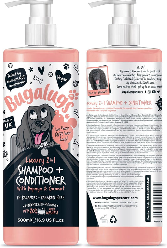 BUGALUGS Dog Shampoo Luxury 2 in 1 Papaya & Coconut Dog Grooming Shampoo Products for Smelly Dogs with Fragrance, Best Puppy Shampoo, Professional Groom Vegan Pet Shampoo & Conditioner