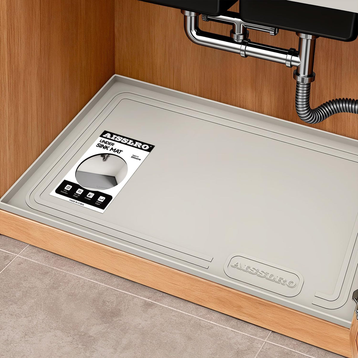 Under Sink Mat 22 X 19, Waterproof Silicone Cabinet Kitchen Liner, Beige