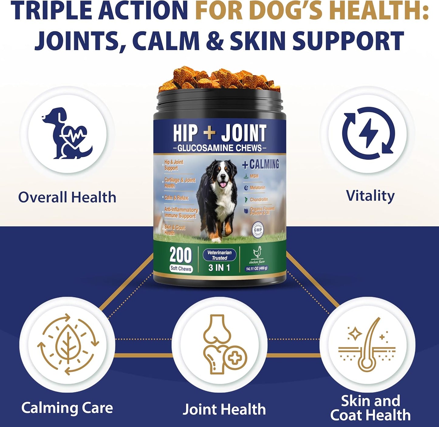 Hip and Joint Supplement for Dogs 200 Dog Calming Chews with Glucosamine, Chondroitin, Msm, Omega3, Melatonin for Senior Dogs Anxiety Pain Relief anti Inflammatory Small/Medium/Large Dog -Chicken