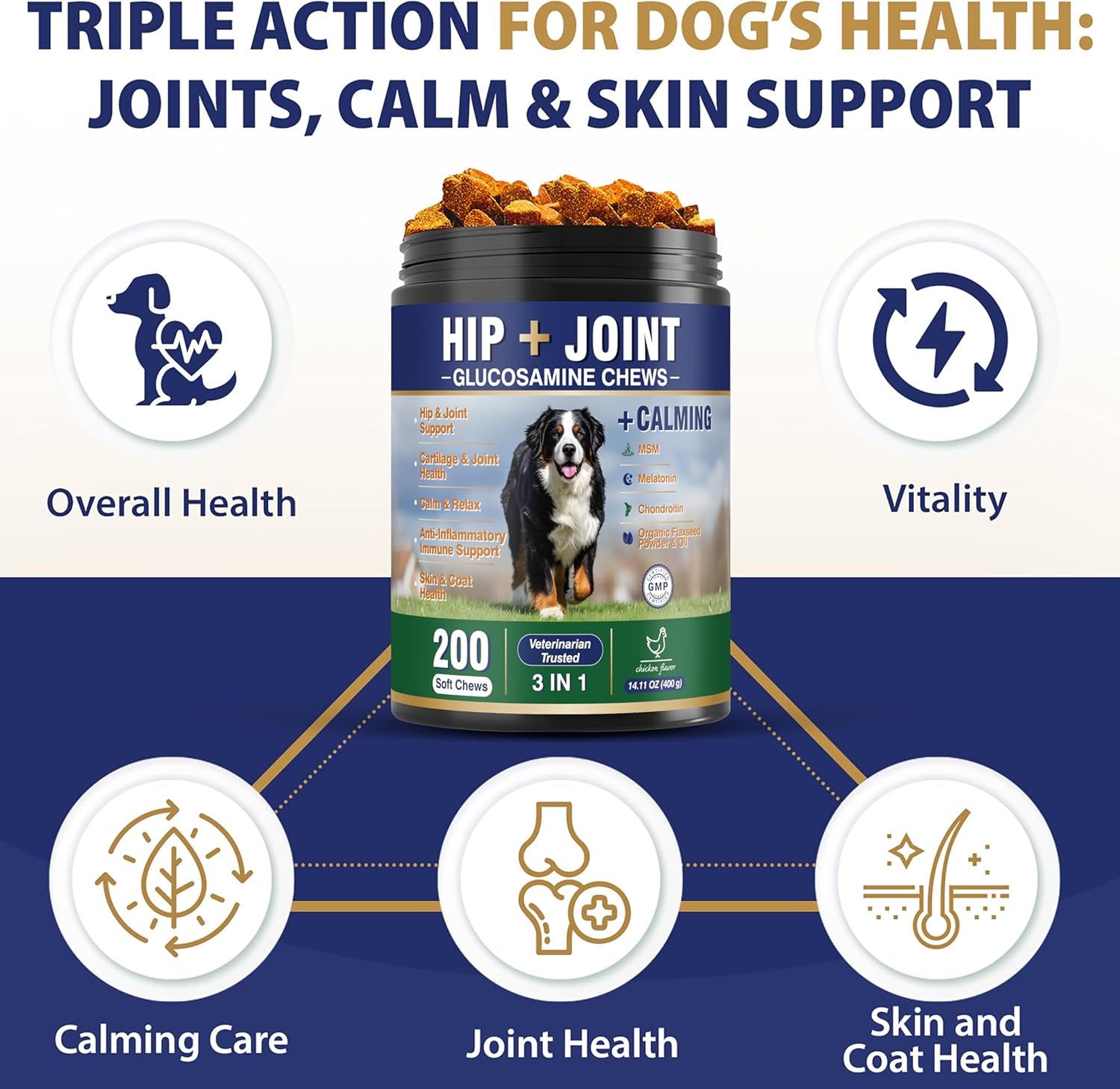 Hip and Joint Supplement for Dogs 200 Dog Calming Chews with Glucosamine, Chondroitin, Msm, Omega3, Melatonin for Senior Dogs Anxiety Pain Relief anti Inflammatory Small/Medium/Large Dog -Chicken