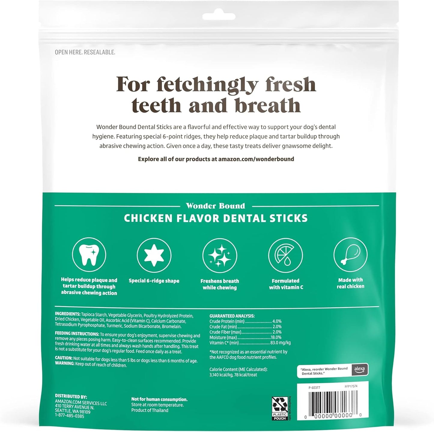Amazon Brand - Wonder Bound Chicken Flavor Dental Sticks for Large Dogs (Over 30 Lbs), 6-Ridge Shape for Plaque & Tartar Control, Freshens Breath, Made with Real Chicken, 40 Count (Pack of 1)