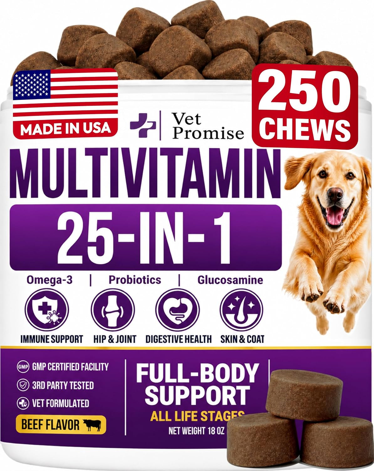 25-In-1 Dog Vitamins and Supplements, 250 Chews, Dog Multivitamin Chewable