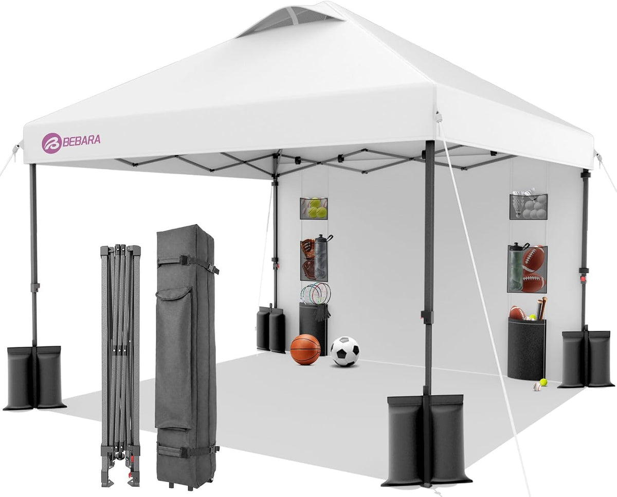 10X10 Pop up Canopy with Sidewall, One Push Easy Setup, White