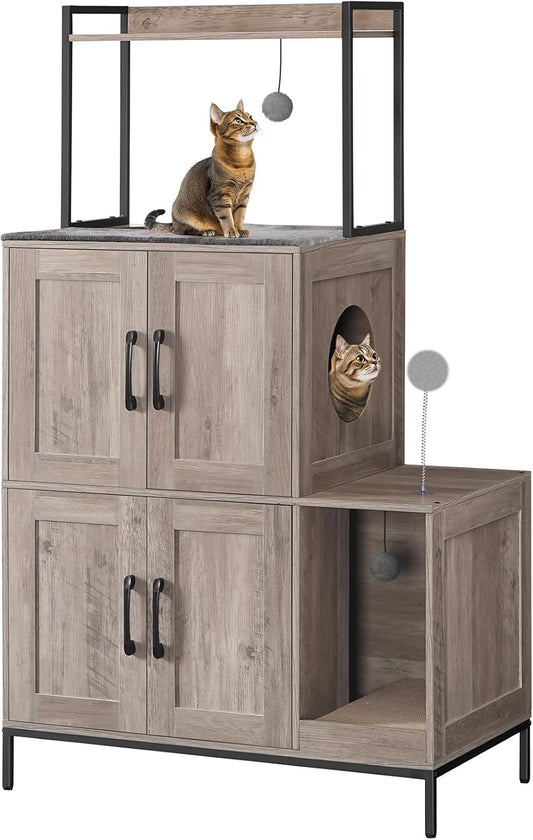 HOOBRO Cat Litter Box Enclosure Furniture, 2 in 1 Hidden Litter Box Furniture with Shelf, Double Litter Box Cabinet with 2 Dangling Plush Balls and 1 Toy Ball, Greige and Black BG78MW01