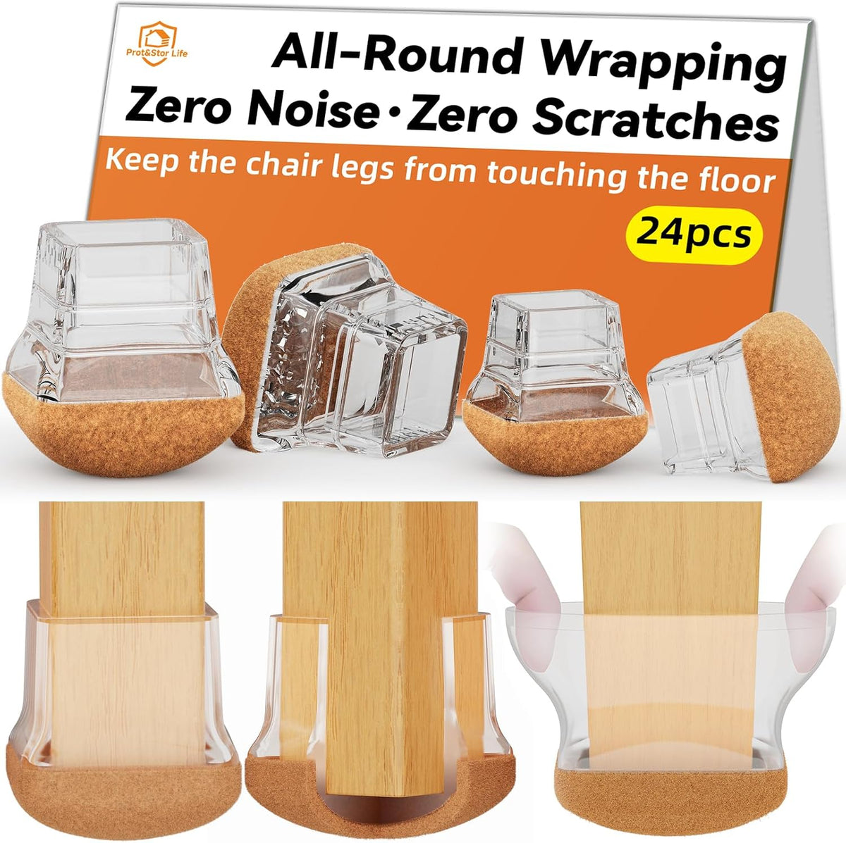 24Pcs Chair Leg Floor Protectors for Hardwood Floor |Protect Wood Tile Floors Chair Leg Caps with Wrapped Felt Pads| Anti-Scratch Reduce Noise |Fit Angled Chair Legs| Clear Square S Fit:0.6"-0.75"