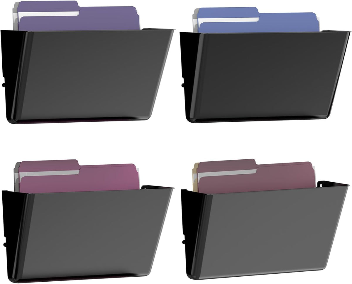 Clear Acrylic Single Pocket, Plastic Hanging Wall Mount File Holder for Office Home (Black, 4 Pack)