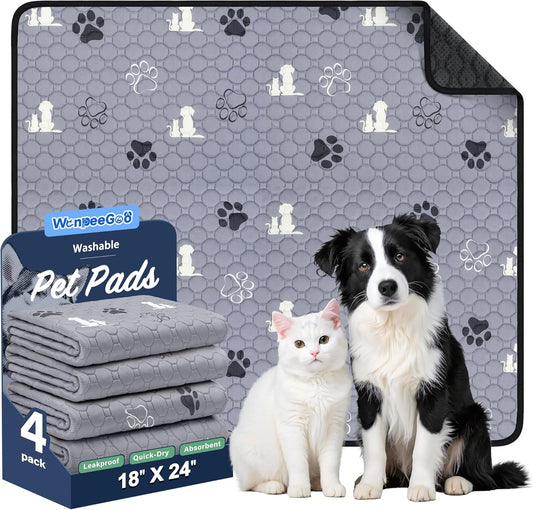 Wanpeegoo Washable Pee Pads for Dogs, Waterproof, 18 X 24 In, 4 Pack, Gray | Super Absorbent, Waterproof and Non-Slip; Washable, Reusable Dog Pads for Crates, Playpens, Floors, Furniture and Travel