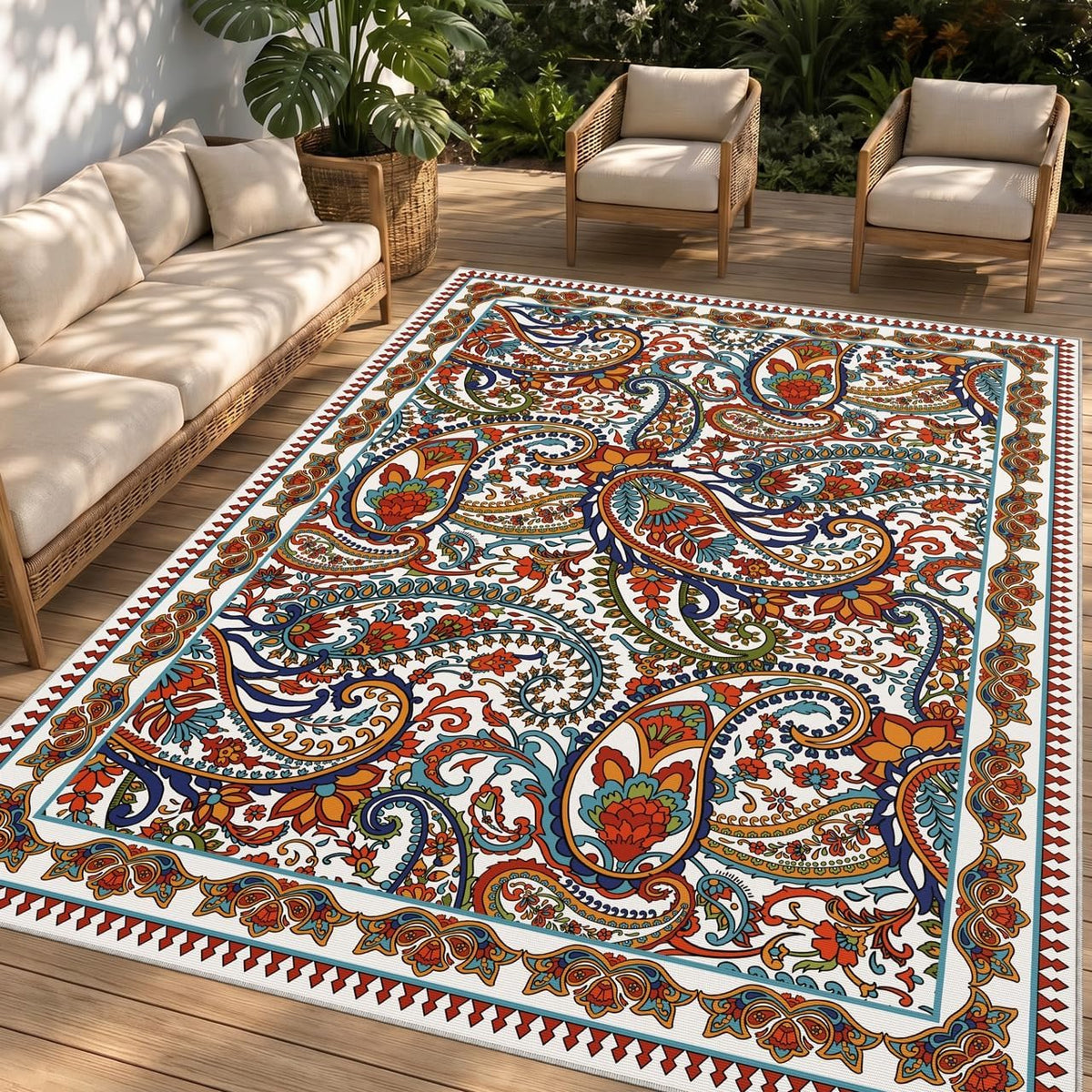 Arenarug Paisley Waterproof Outdoor Rug 5X8, UV Resistant, White Multi