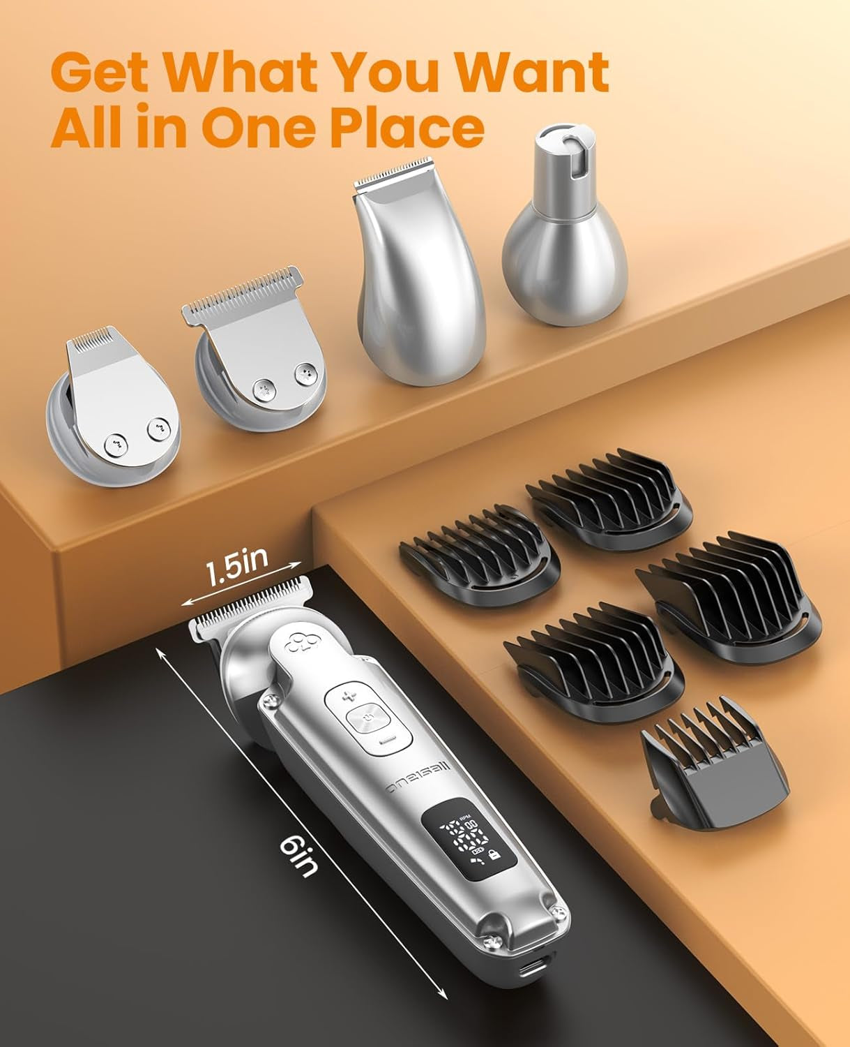 Oneisall Small Dog Clippers and Paw Trimmer with Low Noise, 4 - in - 1 Cordless Dog Grooming Kit with 3 - Level Speed Clippers (7000 RPM) for Grooming Thick Hair, Waterproof Shaver for Dogs and Cats