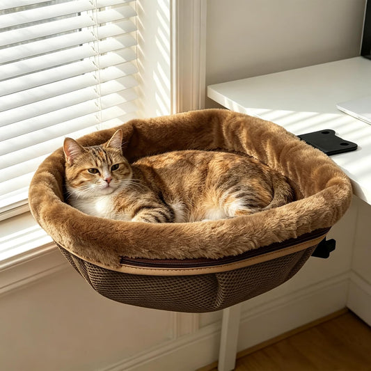 Desk Cat Bed, Hanging under Desk Cat Hammock with Clip-On Mount, Soft Plush, Swivel Design