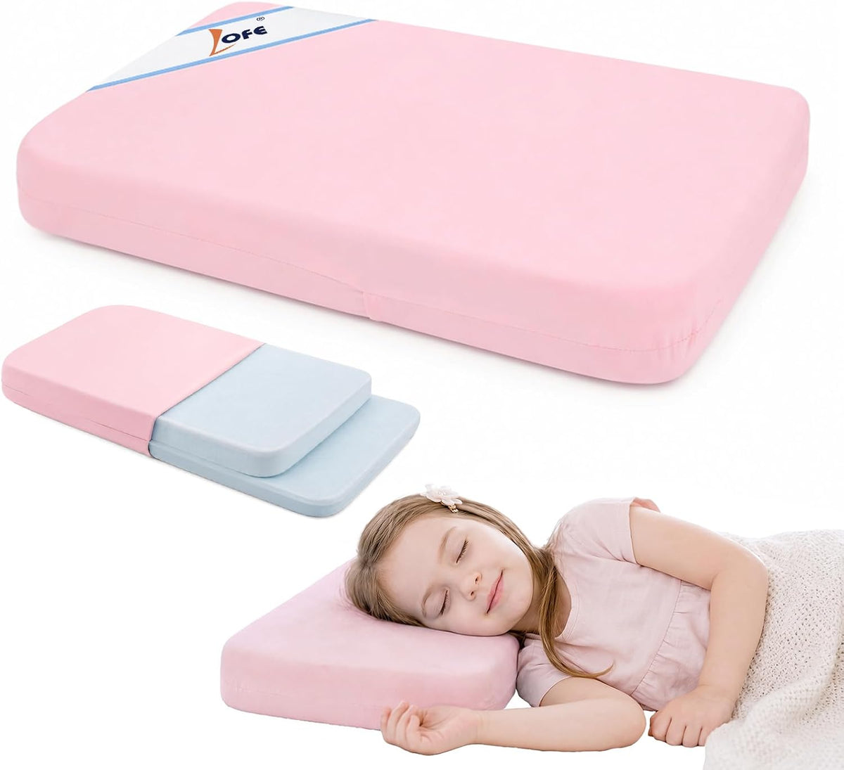 Adjustable Kids Pillow Memory Foam 3 Heights, Cool Nylon, 13X22 Pink