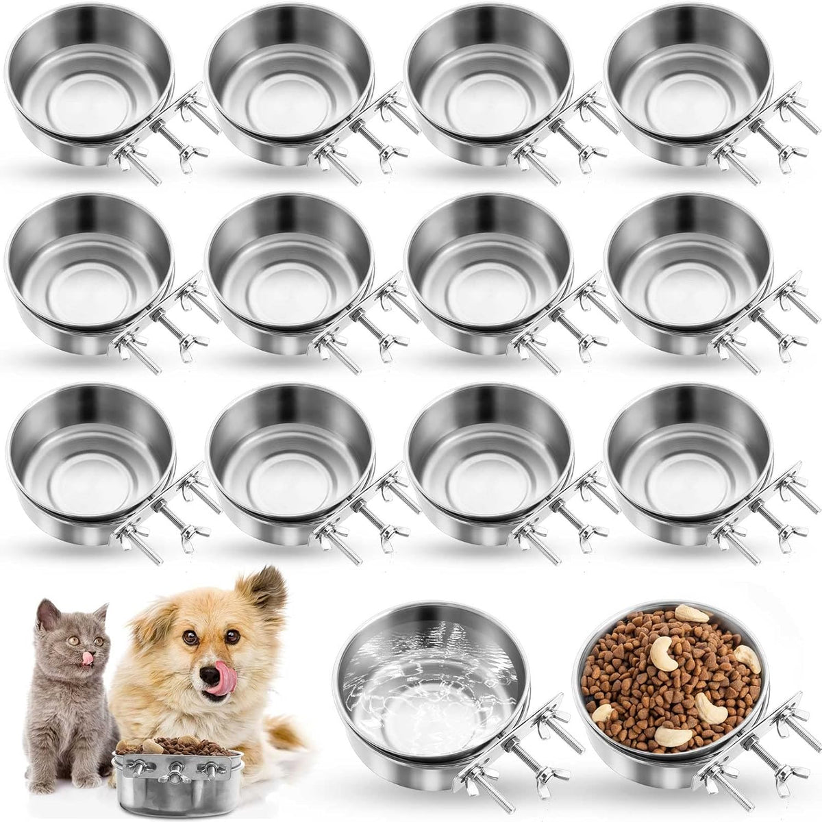 Silkfly 14 Pack Stainless Steel Hanging Dog Crate Bowls, Non-Spill Kennel Food & Water Bowls with Screw Clamp Holders, Removable, Easy to Clean Metal Cage Feeder for Pets(19 Oz)