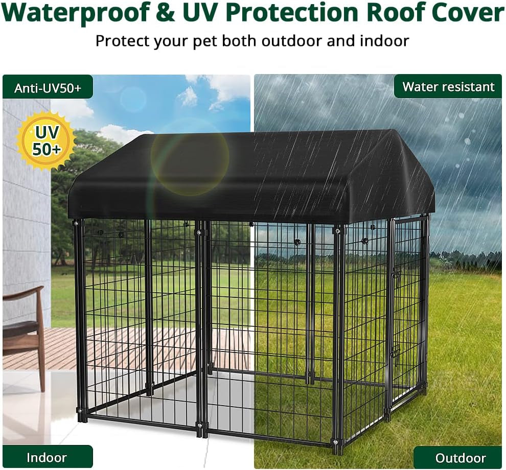Dog Kennel outside with Roof, 4'X4'X4.5' Outdoor Dog Kennels for Large Dogs, Heavty Duty Welded Dog Crate Playpen with Uv-Resistant Waterproof Cover