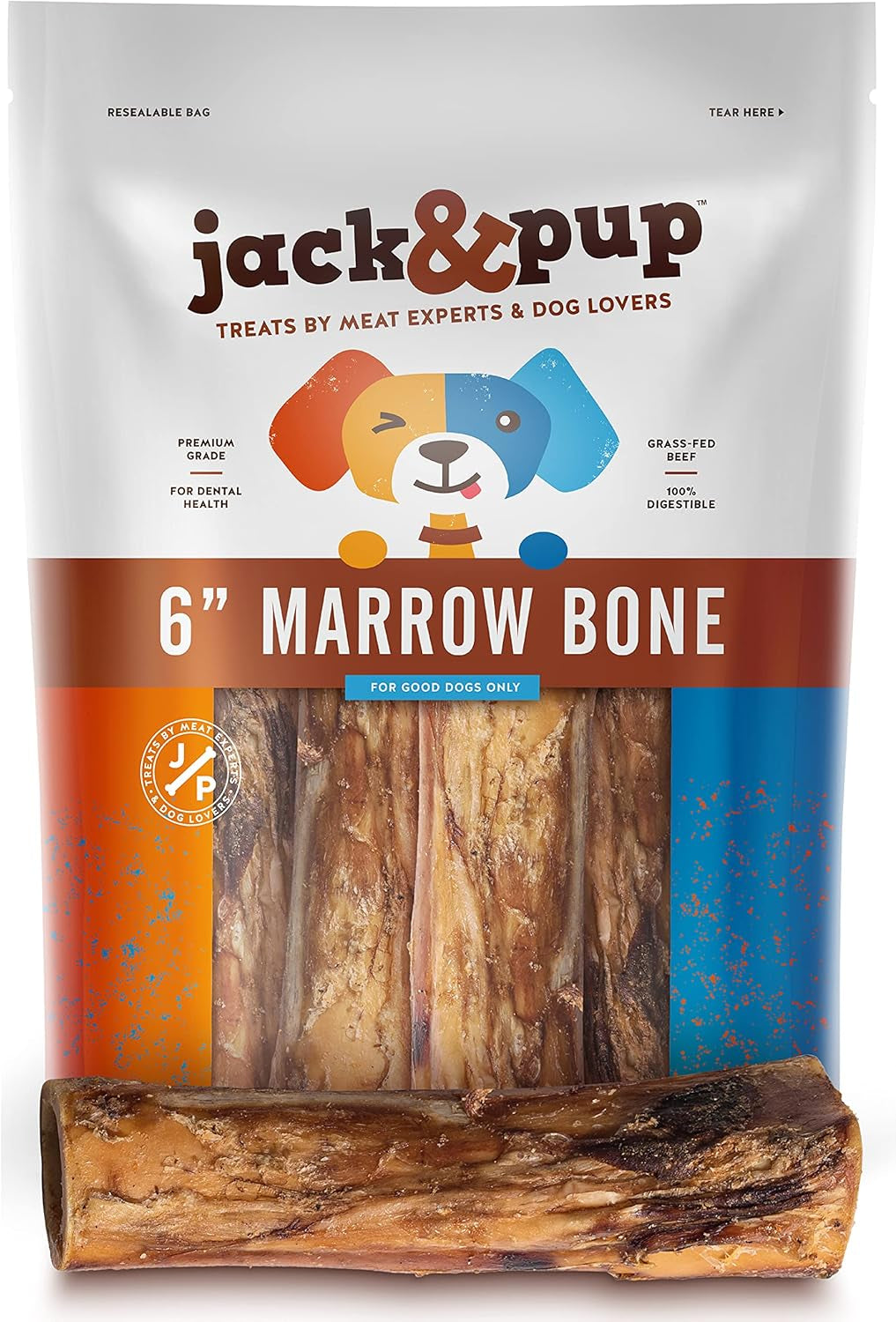 Jack&Pup Marrow Bones for Dogs (6 Pack), Long Lasting Dog Bones for Large Dogs, 6" Marrow Bone, Natural Beef Bone