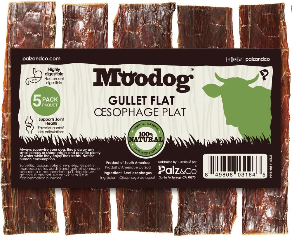Palz&Co Moodog Beef Gullet Strips 8" for Dogs - High-Protein Chews, Supports Joint Health and Dental Hygiene, Easily Digestible, 5-Pack