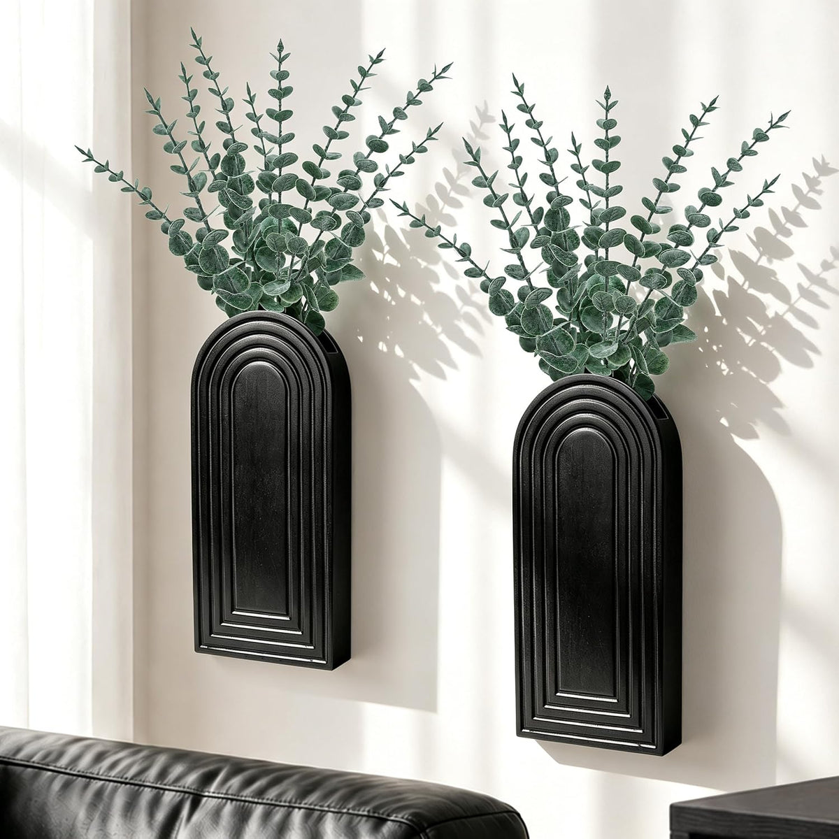 Der Rose 2Pk Black Wood Wall Planters with Eucalyptus, Bathroom Wall Decor
