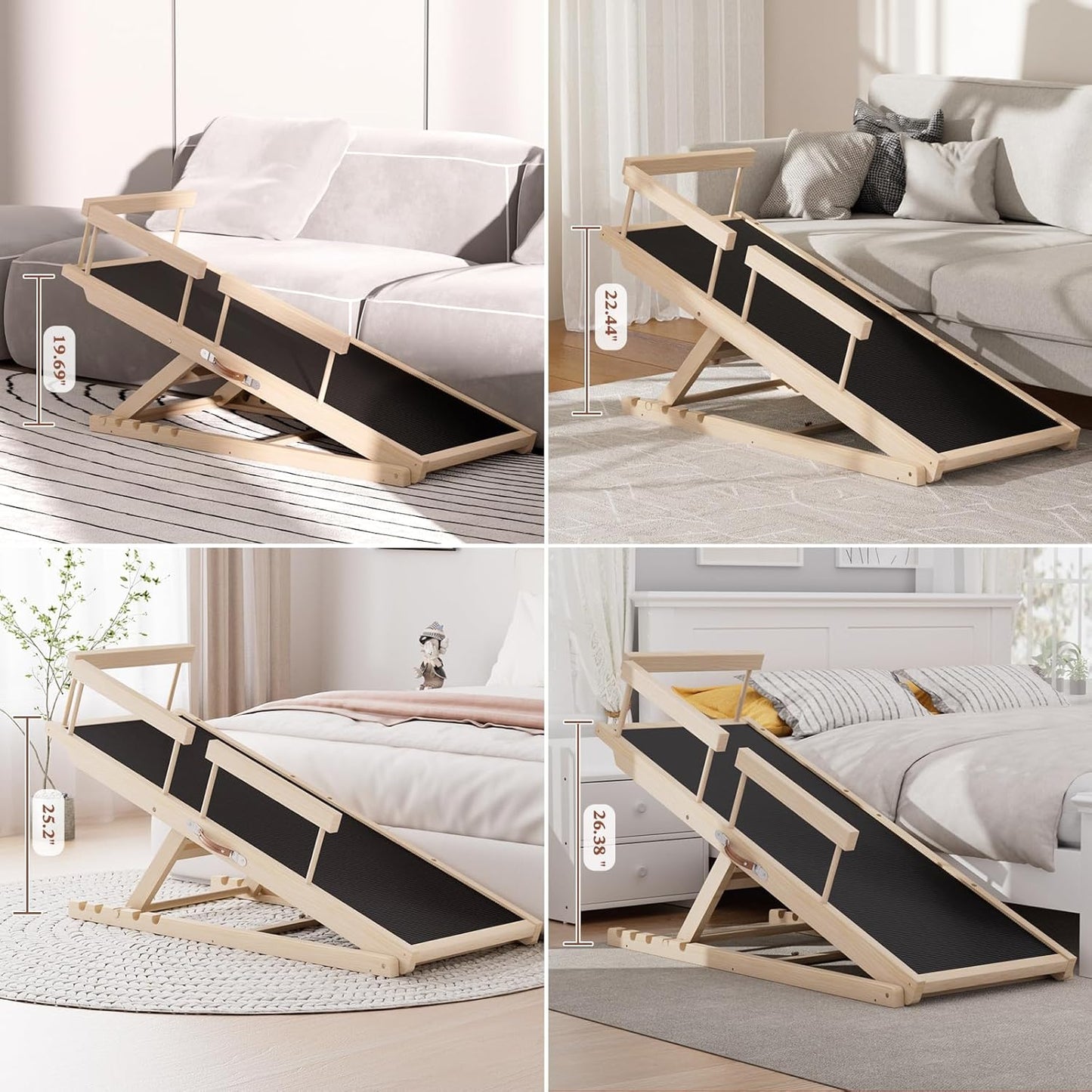 Dog Ramp for High Bed, Couch, Car, Pet Ramps 55.12" Long Adjustable 19.3"-27.17" Wooden Dog Step with Anti-Slip Rubber Mat & Safety Side Rails for Small Medium Large Older Pets, up to 250 Lbs